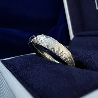 A photo of 950 Platinum Champagne Gold Flush-set 1.2mm Salt-and-pepper Diamond w/ Engraved Scotland, Tetons, Yosemite & Bennington Mountain Ranges All-around 4mm Curvy Mirror Band resting in a blue ring box