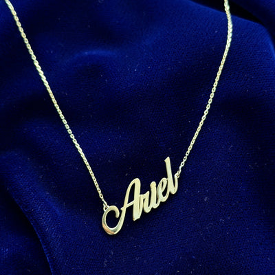 14k Yellow Gold Ariel 1.2" Nameplate 16" 1mm Cable Chain Custom Necklace