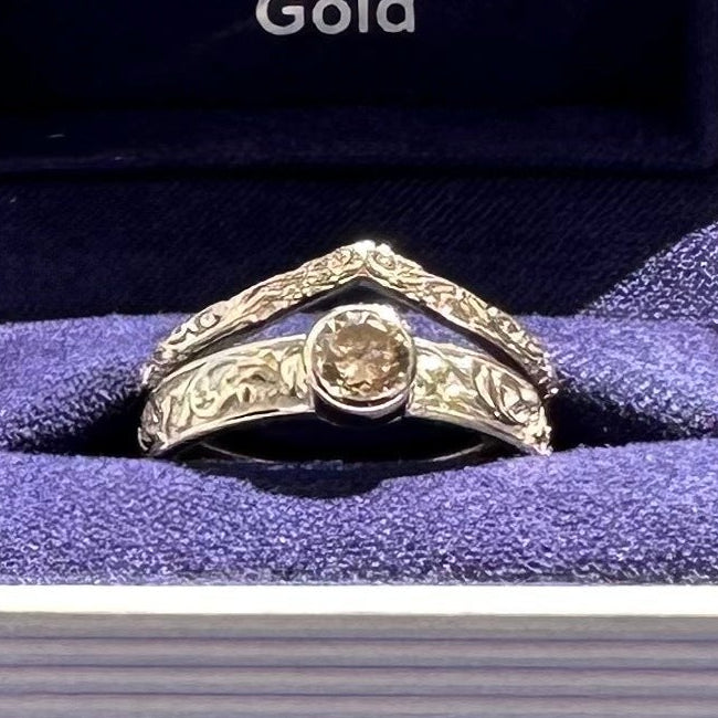14k Champagne Gold and 3ct Natural Diamond Bezel set on 4mm around Filigree Band Custom Ring and 14k Champagne Gold 1.8mm Chevron around Filigree Band Custom Ring, size 7