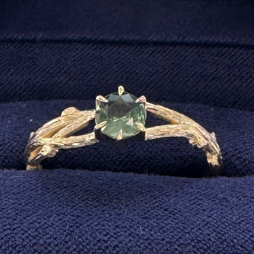 14k Yellow Gold 0.47ct Natural Green Sapphire on Custom Branches Band, Size 9.25