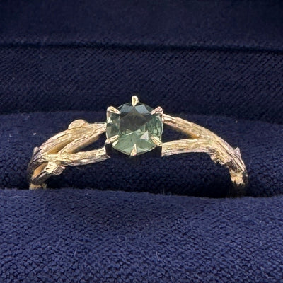 14k Yellow Gold 0.47ct Natural Green Sapphire on Custom Branches Band, Size 9.25