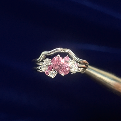 14k White Gold Oval and Round Diamonds and Pink Natural Sapphires Cluster Custom Engagement Ring with matching nesting wedding band Rings Set