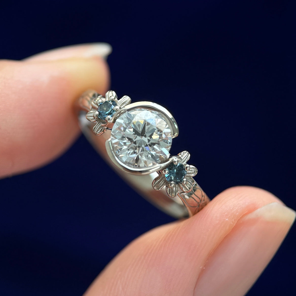 14k Champagne Gold Prongs-set 1ct Lab Diamond with Naupaka Flowers with small Alexandrites on Custom Band, Size 5.5