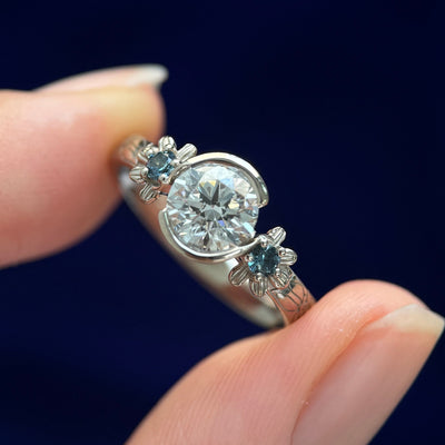 14k Champagne Gold Prongs-set 1ct Lab Diamond with Naupaka Flowers with small Alexandrites on Custom Band, Size 5.5