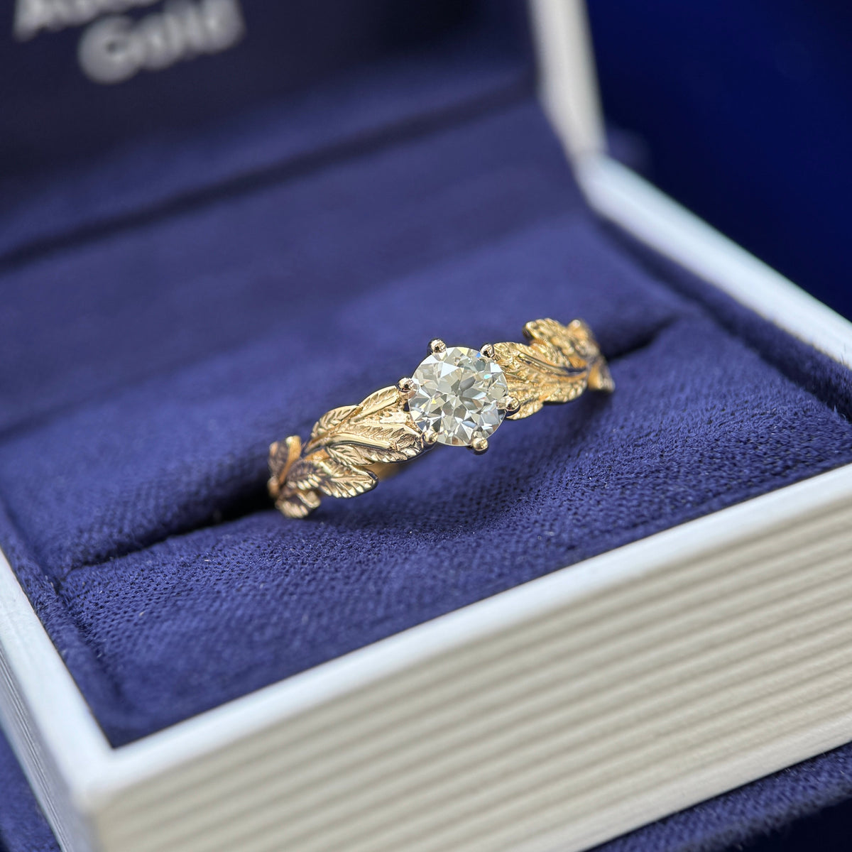 14k Yellow Gold and Prongs-low-set Customers 5.3mm Old-mine Diamond on Leaves Band Custom Ring, size 7