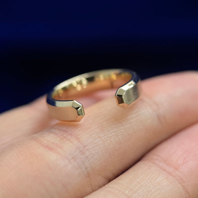 14k Yellow Gold 5mm Beveled Edge Open Band, size 5.75 Nesting with customer's engagement ring size 6