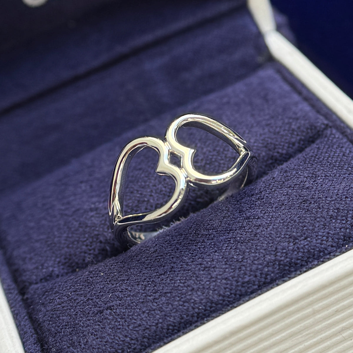 14k White Gold Open Double Heart Custom Ring, 3 grams