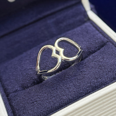 14k White Gold Open Double Heart Custom Ring, 3 grams