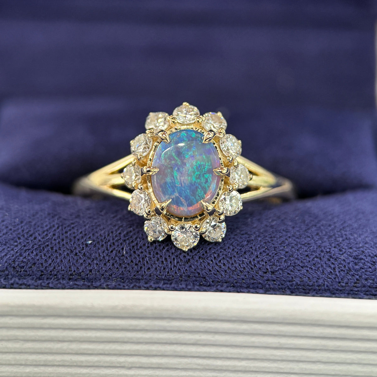 14k Yellow Gold Low-claw-prongs-set 0.72ct 8x6.4mm Oval Australian Opal w/ Customer’s Round Diamonds 2-Level Halo on 2mm Curvy Band Custom Ring