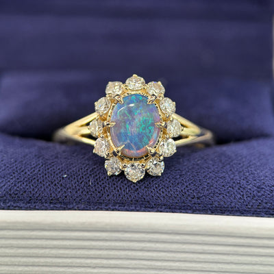 14k Yellow Gold Low-claw-prongs-set 0.72ct 8x6.4mm Oval Australian Opal w/ Customer’s Round Diamonds 2-Level Halo on 2mm Curvy Band Custom Ring