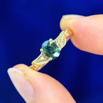 14k Yellow Gold & 0.96ct Oval Dark Green Sapphire copy of leaves band Custom Ring, size 8.5