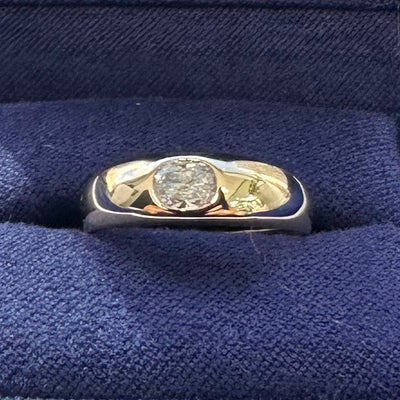 14k Yellow Gold and Flash-horizontally-set 0.33ct Oval Diamond Custom Puffy Ring, size 5, 5 gram