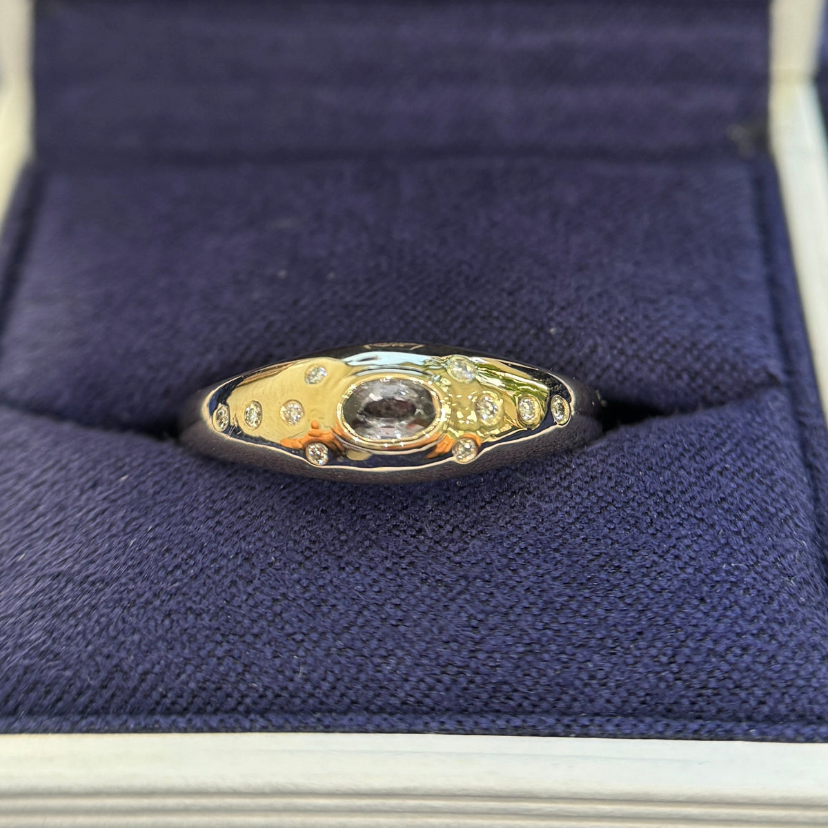 14k Yellow Gold with Customers Oval Garnet and Diamonds Re-set into Puffy Signet Custom Ring, 7.5 gram, size 8.75