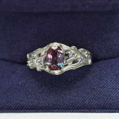 950 Platinum with 5x7mm Oval Lab Alexandrite Hold by Root Branches with 6pc Small Round Light Blue Sapphires Custom Ring, size 5.5