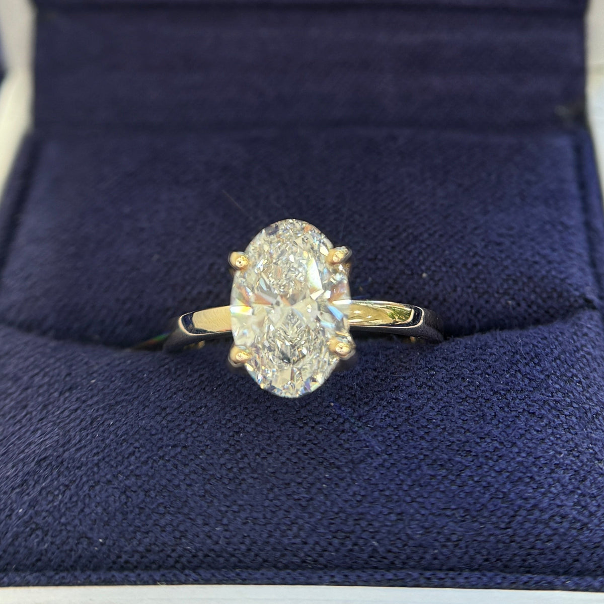 14k Yellow Gold with 4-double-claw-prongs-set above band 2ct E VVS Oval Lab Diamond on 1.8mm Band Custom Ring, size 5