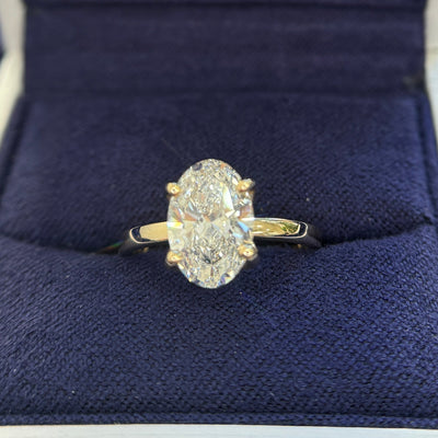 14k Yellow Gold with 4-double-claw-prongs-set above band 2ct E VVS Oval Lab Diamond on 1.8mm Band Custom Ring, size 5