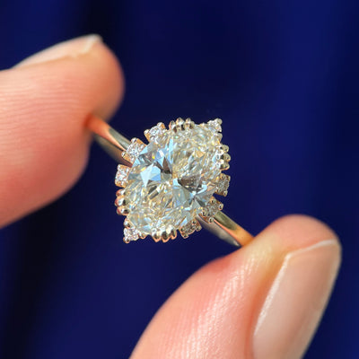 14k Yellow Gold with Low-triple-prongs-set10x7mm G VS Oval Lab Diamond with Bezel-set Small Lab Diamonds on 1.2mm Mix Mirror Band Custom Ring, size 7