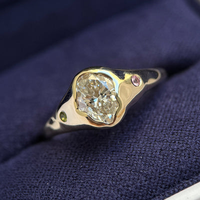 10k Yellow Gold with 1ct Oval Lab Diamond with Light Pink and Light Green Sapphires Set into Melting Tapered Band Custom Ring 4 gram, size 7