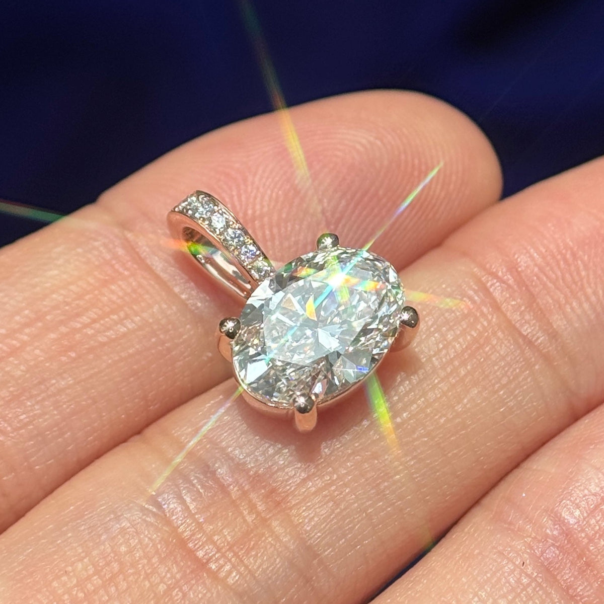 14k Rose Gold with Sideways set 2.89ct E/VS1 Oval Lab Diamond with Pave Lab Diamonds 4mm inner Bail Custom Pendant