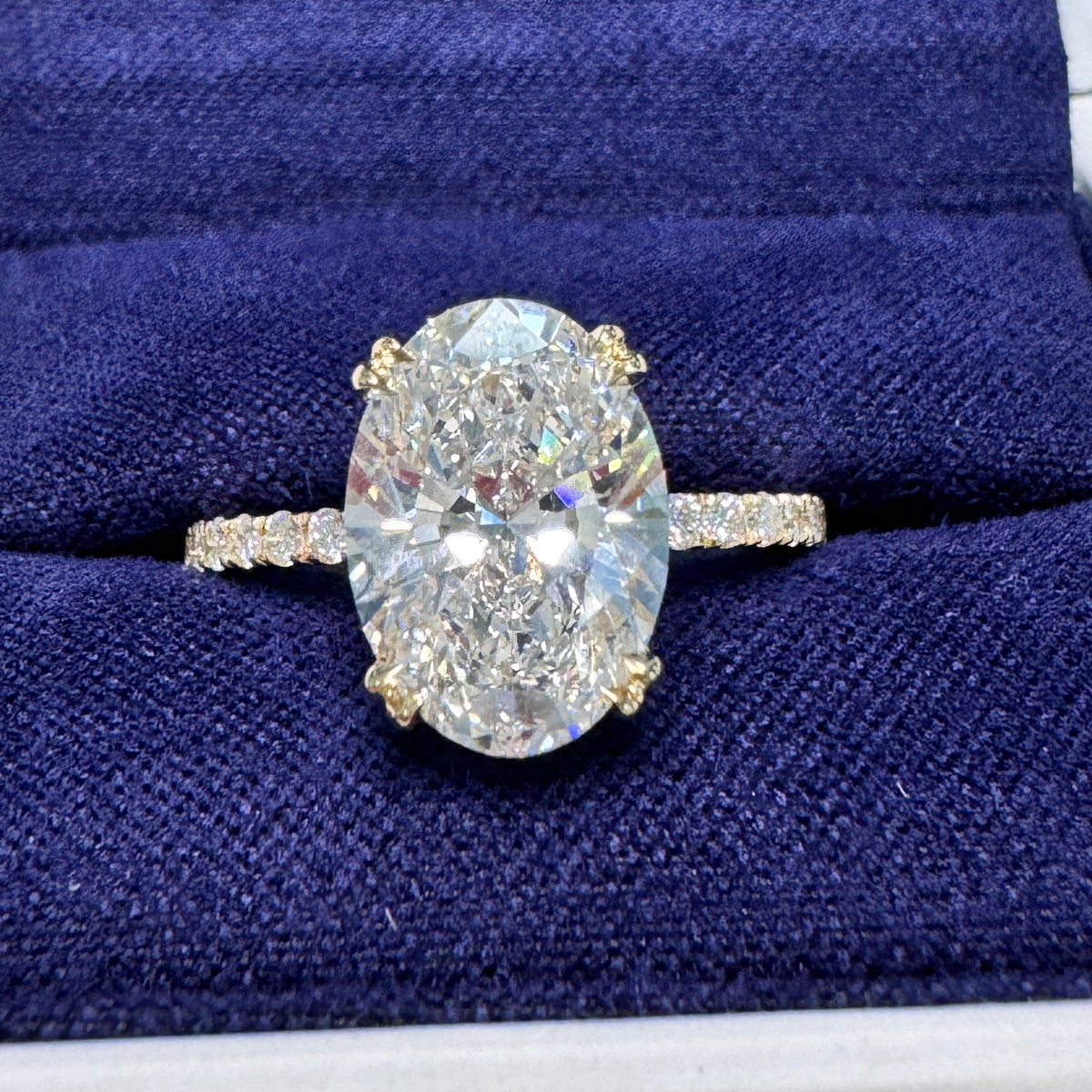 14k Yellow Gold Double-claw-prongs-set 2.63ct D/VVS 11.2x7.9mm Oval Lab Diamond with Lab Diamond Halo and Halfway Pave 1.5mm Lab Diamonds Custom Engagement Ring, size 5.75