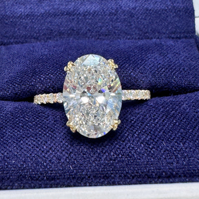 14k Yellow Gold Double-claw-prongs-set 2.63ct D/VVS 11.2x7.9mm Oval Lab Diamond with Lab Diamond Halo and Halfway Pave 1.5mm Lab Diamonds Custom Engagement Ring, size 5.75
