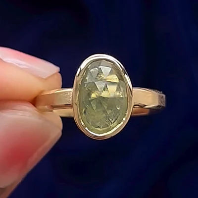 14k Yellow Gold Rose cut Freeform Green Sapphire on 3mm Industrial Matte Band Custom Ring