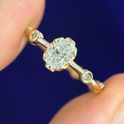 14k Yellow Gold with Custtomers Oval and Round Diamonds Petal-prongs set on Bubble Band Custom Ring, size 7.5