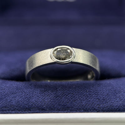 950 Platinum & Bezel-sideways-set 0.40ct Oval Salt-and-pepper Diamond on 4mm Industrial Matte Band, size 6.5