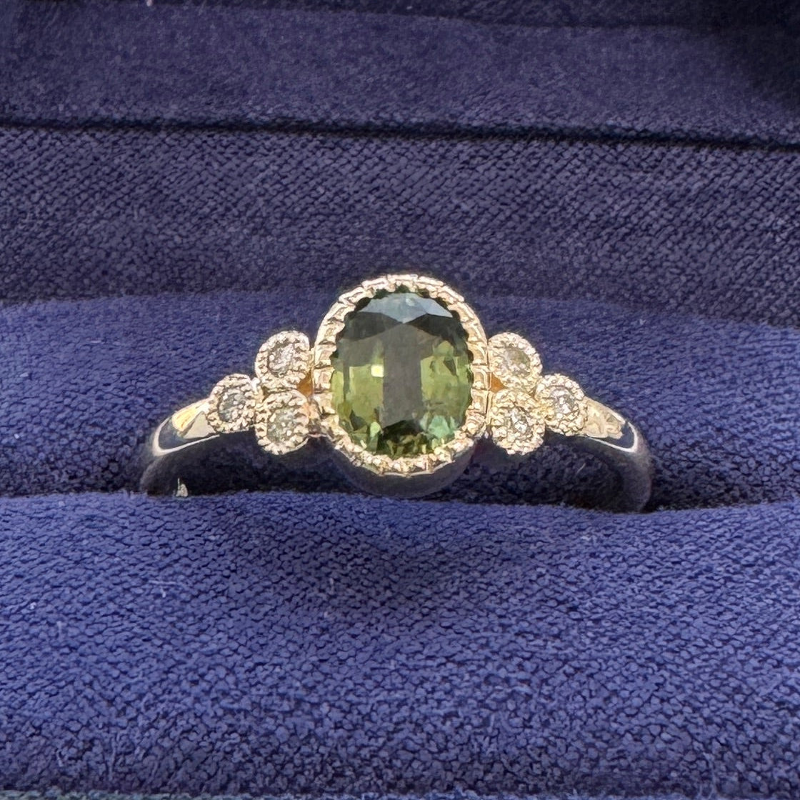 14k Yellow Gold Milgrain-Bezel-Set 1.13ct Oval Green Sapphire with Cluster of Customer's Stones on 2mm Mix Mirror Band, Size 8