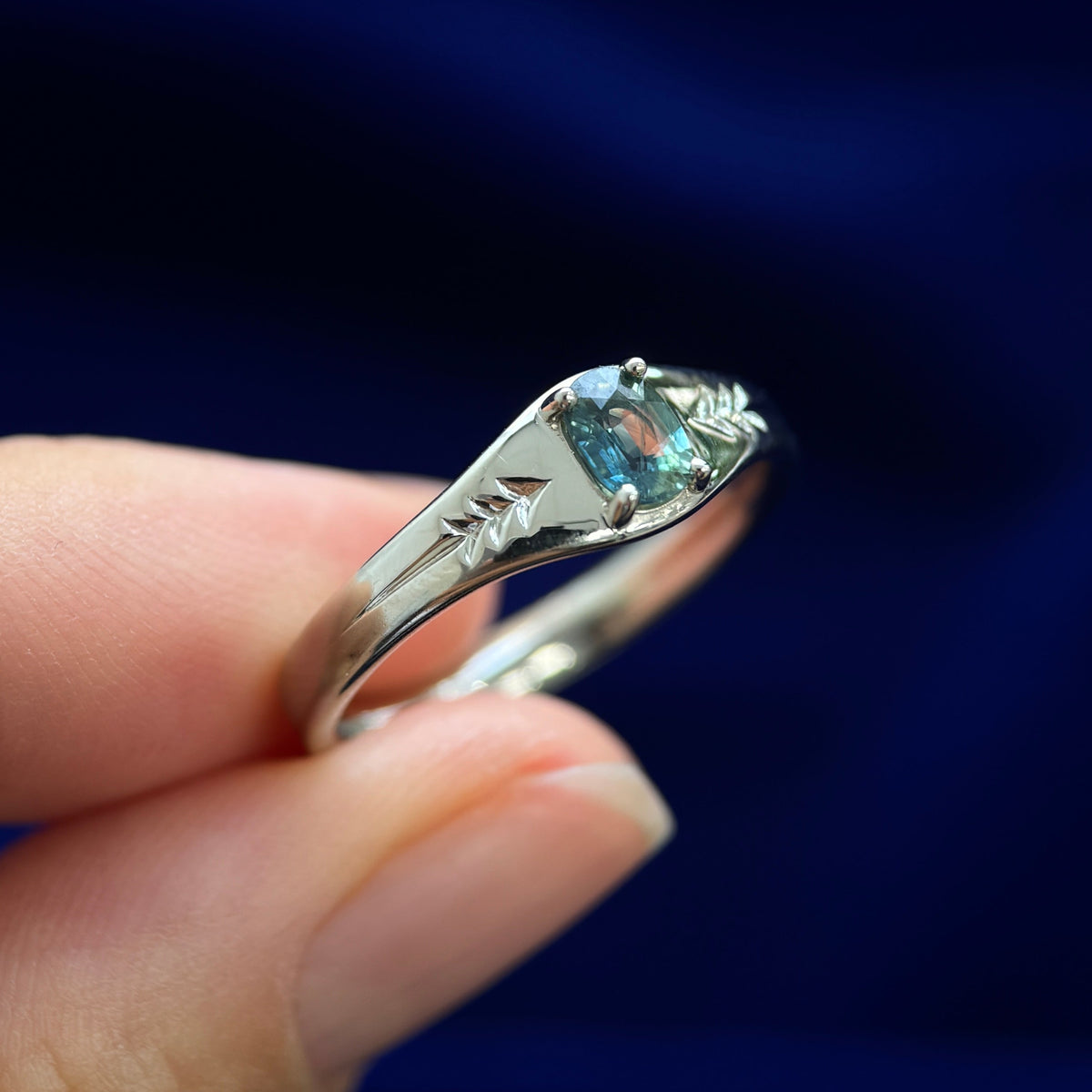 14k Champagne Gold Prongs-set 0.40ct 5.2x3.8mm Green Oval Sapphire Signet Band Engraved with Pine Trees, Custom Ring, Size 6.5