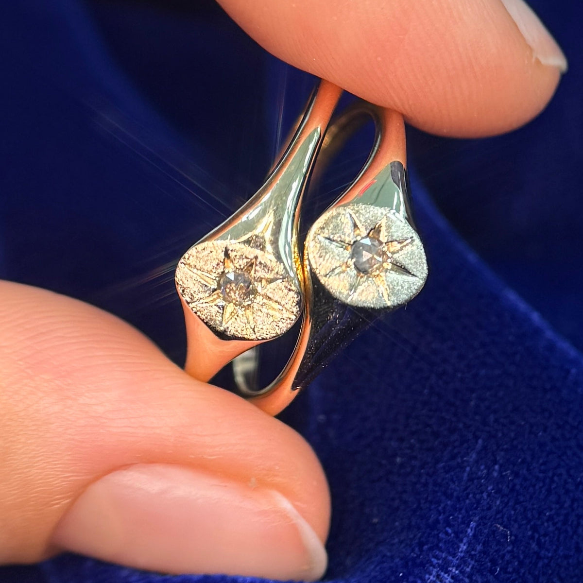  14k Yellow Gold Oval Signet Ring with Custom Star Engraving and 2mm Salt and Pepper Diamond in the middle, size 7.5 and size 8.5