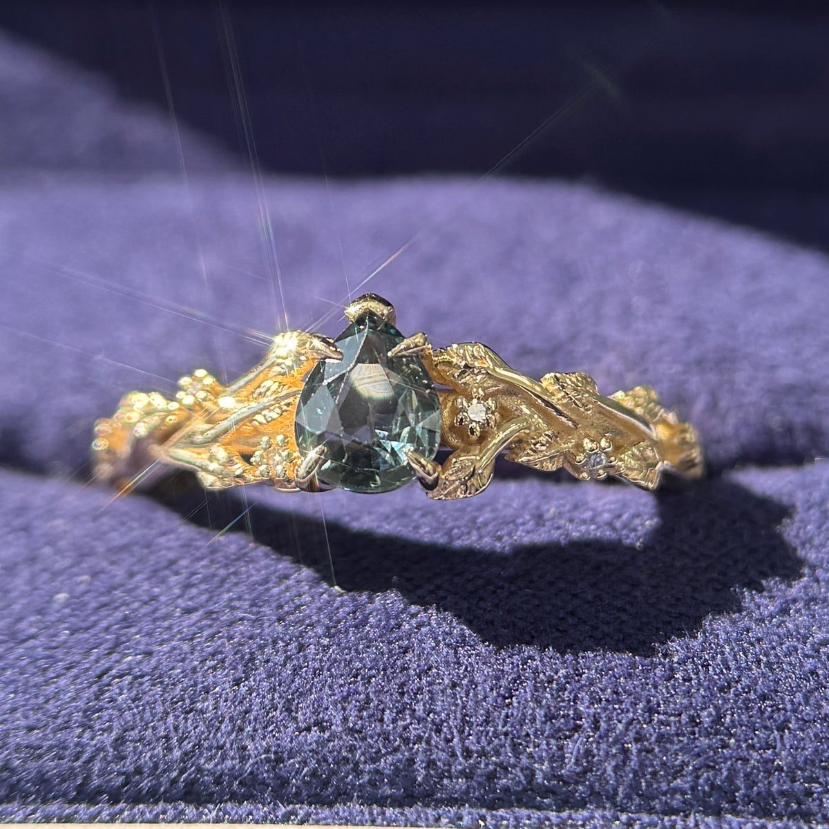 14k Yellow Gold Prongs-set 0.72ct 5x6.1mm Pear Green Blue Sapphire with 6pc 1.5mm Round Diamonds and Leaves Custom Ring, Size 7.5