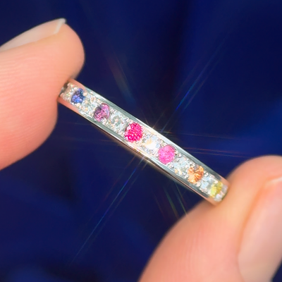 14k Champagne Gold & 1ctw Pave White Lab Diamonds, Ruby Rainbow Gems, on 3mm Industrial Mirror Eternity Band Custom Ring, size 9.5