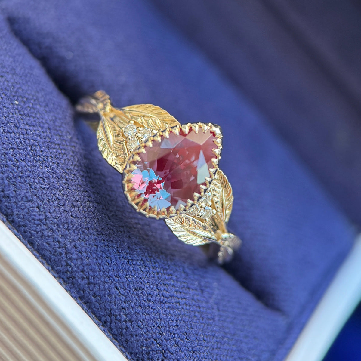 14k White Gold Prongs-Bezel-Set 9x6mm Pear Lab Alexandrite with Small Cluster of Lab Diamonds on Leaves Band Custom Ring, Size 7