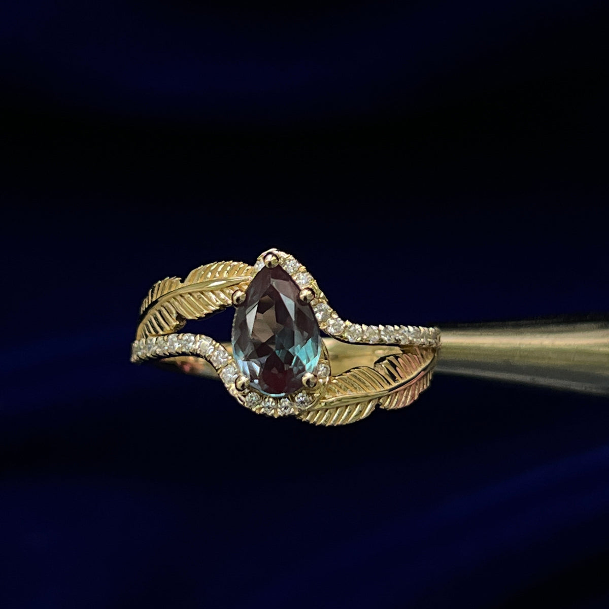 14k Yellow Gold and Pear Lab Alexandrite with Pave Small Moissanites Feather Band Custom Ring, size 9.25
