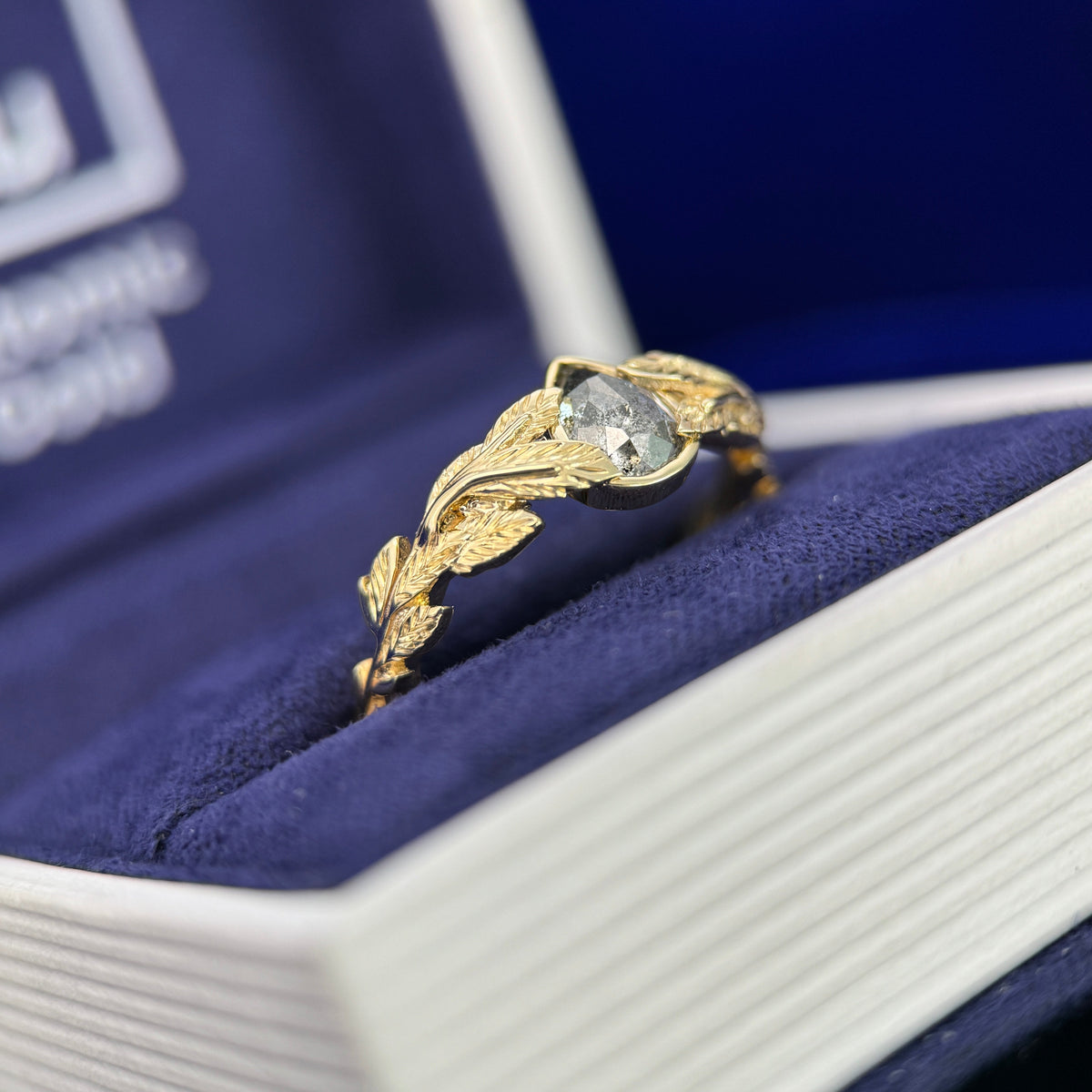 14k Yellow Gold 0.83ct 5.1x6.6mm Pear Salt-and-pepper Diamond Leaves Band Custom Ring