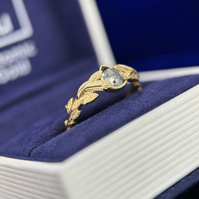 14k Yellow Gold 0.83ct 5.1x6.6mm Pear Salt-and-pepper Diamond Leaves Band Custom Ring