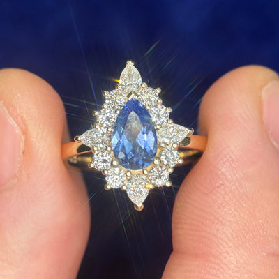 14k Yellow Gold and Low-set 5x8mm Pear Light Blue Lab Sapphire and Round Lab Diamonds Halo on Tapered Band Custom Ring, size 5