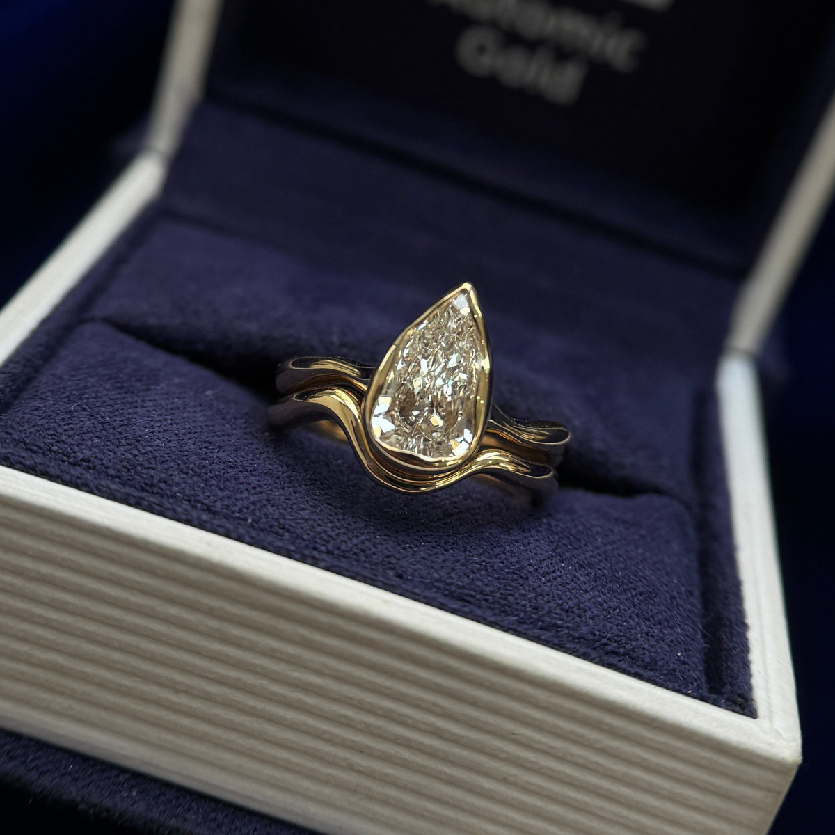 14k Yellow Gold 1.19ct E VVS GIA Natural Pear Diamond Liquid Ring with a Matching Thin Liquid Band Set, size 4.5