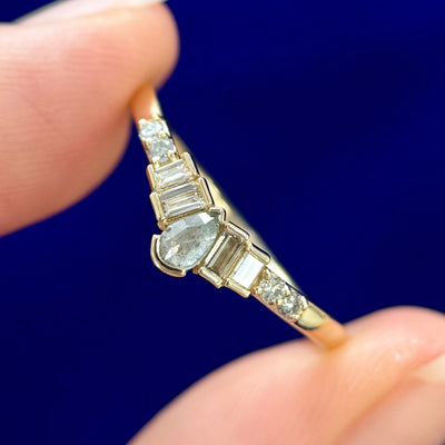 14k Yellow Gold with 1 Pear and 4 Round Light Grey Salt-and-pepper with Baguette White Diamonds Nesting Band with-83961, size 8