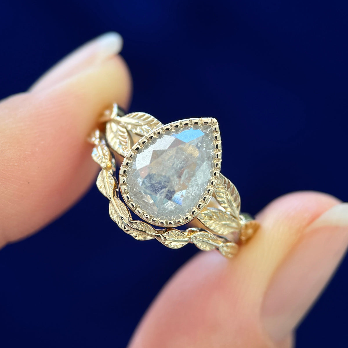 14k Yellow Gold wuth 2.38ct Pear Salt-and-pepper Diamond Leaves Band Custom Ring and 14k Yellow Gold Chevron Leaves Custom Nesting Band, both Size 7