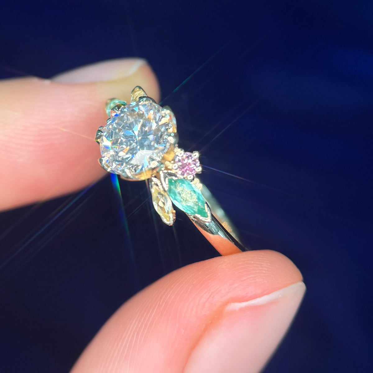 14k Yellow Gold & Petal-set Customer’s 1ct Diamond & Marquise and Round Pastel Green, Yellow, Pink Sapphires Custom Ring, size 6.5