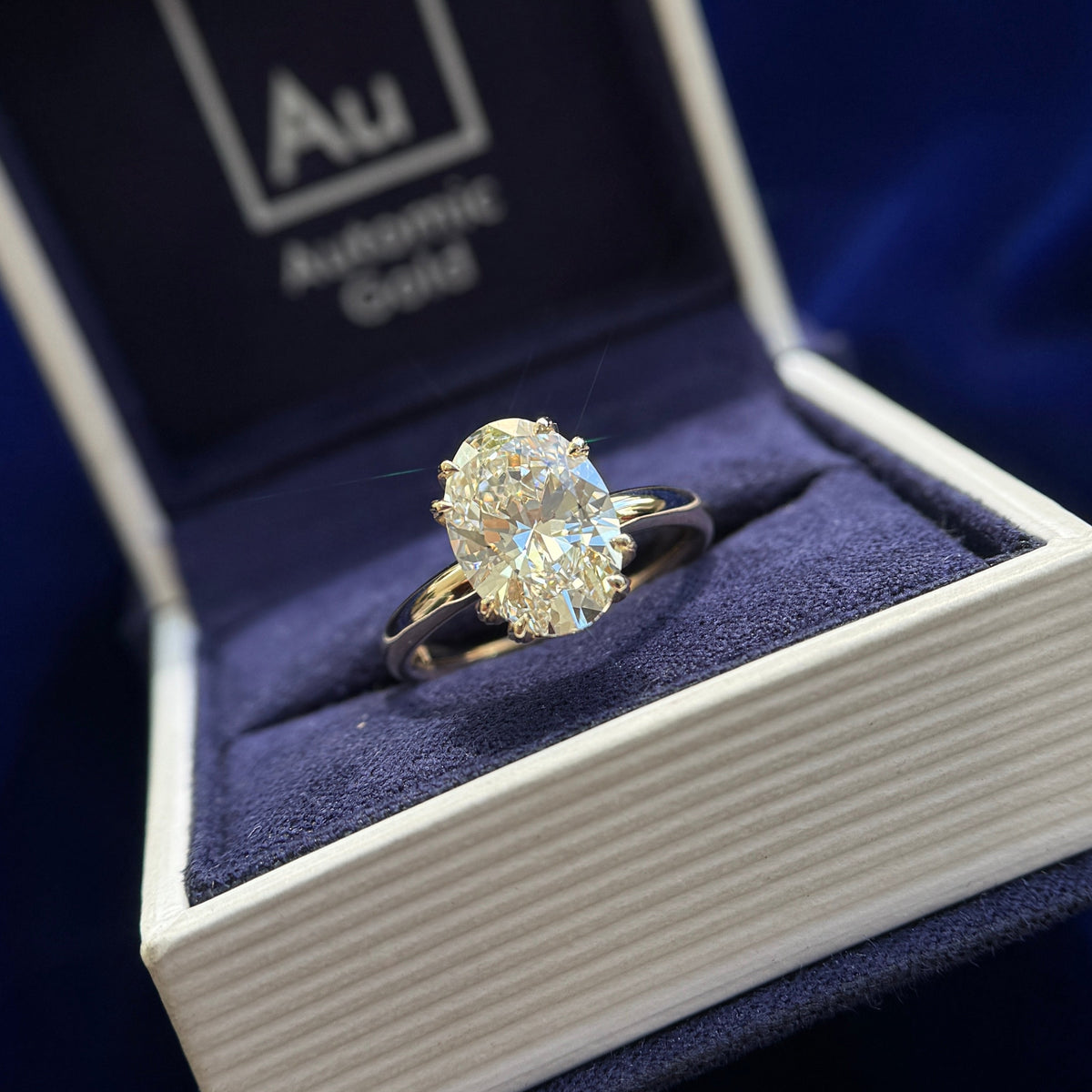 14k Yellow Gold and Low 6 Petal Prongs Set 3.08ct Oval Lab Diamond with Hidden Halo of Purple Lab Diamonds on 2.5mm Curvy Mirror Band Custom Ring, size 6.5