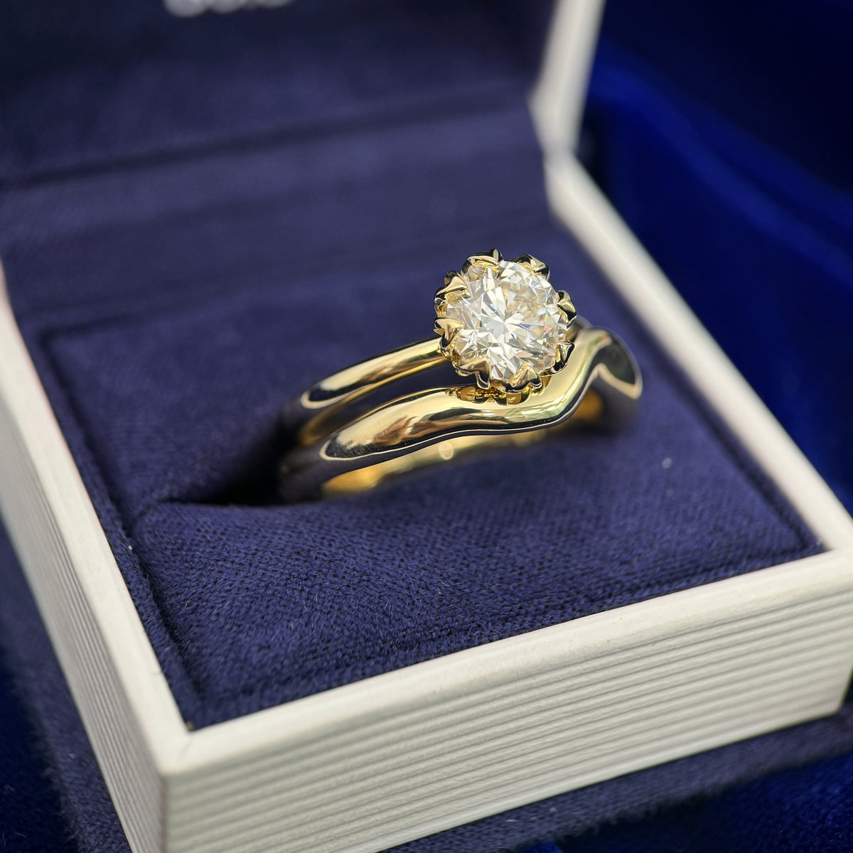 14k Yellow Gold & 2ct Round Lab Diamond in Petal Setting Custom Engagement Ring & 14k Yellow Gold Custom Nesting Liquid Wedding Band