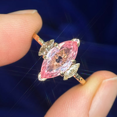 14k Yellow Gold & Low-petal-set 2ct 6x12mm Pink-beige Marquise Lab Sapphire & 0.26ct Marquise Champagne Diamonds on 1.2mm Hammered Band Custom Ring, size 6