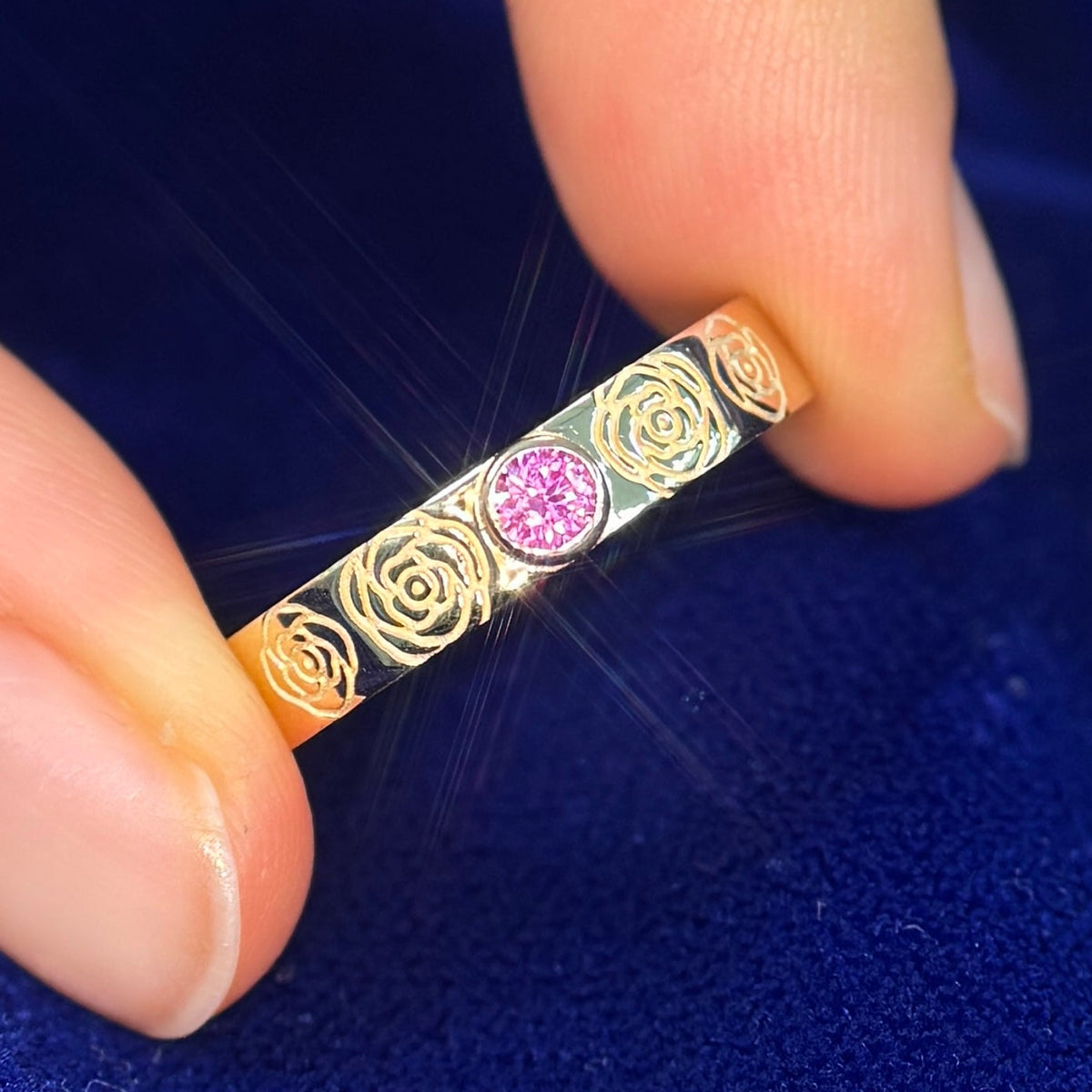 14k Yellow Gold Custom Flash-Set 3mm Pink Sapphire on 4mm Gemstone Industrial Band with rose engravings, size 8