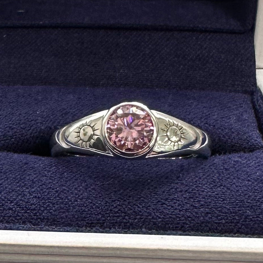 14k White Gold with Low-bezel-set 6mm Pink Round Moissanite On Tapered Band Engraved with Moon and Sun Custom Ring, 6 gram, size 8.25