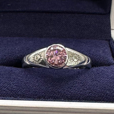 14k White Gold with Low-bezel-set 6mm Pink Round Moissanite On Tapered Band Engraved with Moon and Sun Custom Ring, 6 gram, size 8.25