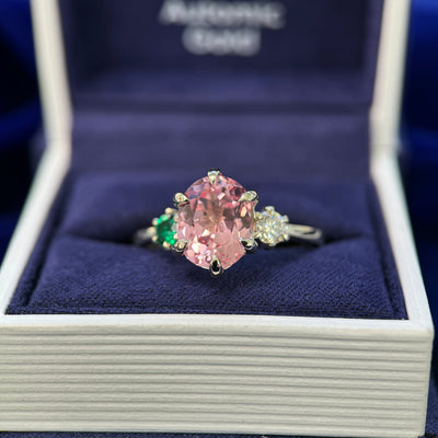 14K Champagne Gold 11x9mm Pink Oval Lab Sapphire & 4mm Round Lab Emerald & 4mm Round Moissanite 3-stone Custom Ring 