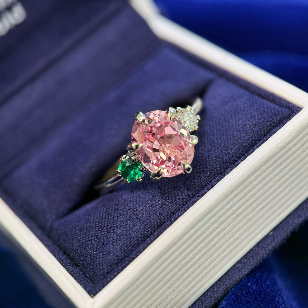 14K Champagne Gold 11x9mm Pink Oval Lab Sapphire & 4mm Round Lab Emerald & 4mm Round Moissanite 3-stone Custom Ring 